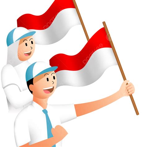Gambar kartun anak memegang bendera merah putih  dirgahayu republik indonesia dengan pita merah putih dan siluet orang